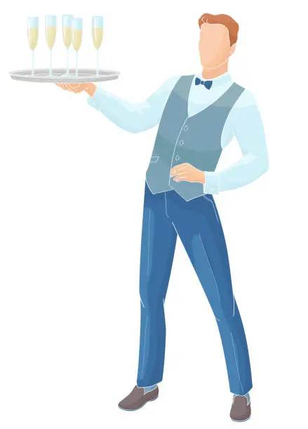 Vector illustration of waiter man with tray champagne glasses