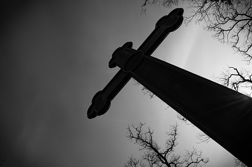 A stark black cross silhouetted against the fading light of the twilight sky, bare trees framing a gloomy scene with an aura of mystery and fear.