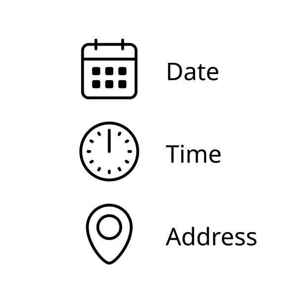 Date, Time, Address location icons with editable stroke Flat black and white icons. Carefully layered and grouped for easy editing. calendar date stock illustrations