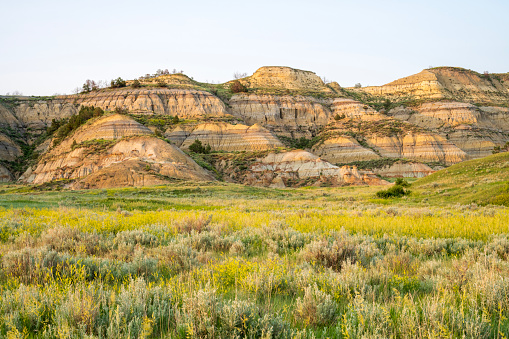Multi-colored rock formations and valleys of Badlands National Park.