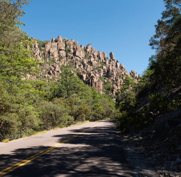 The road through Arizona’s Chiricahua National Monument traverses verdant forests and majestic rock formations.  These rhyolite pillars, called hoodoos, were carved by ice and water from layers of volcanic ash deposited by an eruption millions of years ago.