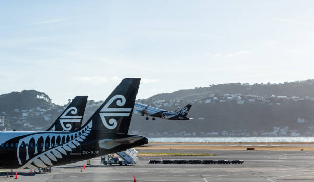 Air New Zealand on the tarmac at Wellington Interntational Airport. stock photo
