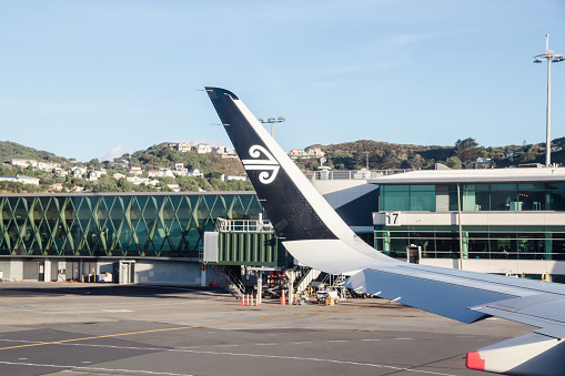 Wellington, New Zealand - February 21, 2024: Air New Zealand on the tarmac at Wellington Interntational Airport.