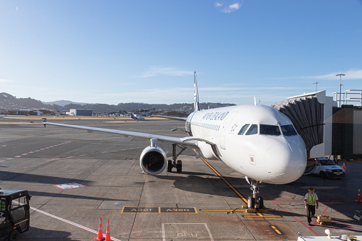 Wellington, New Zealand - February 21, 2024: Air New Zealand on the tarmac at Wellington Interntational Airport.