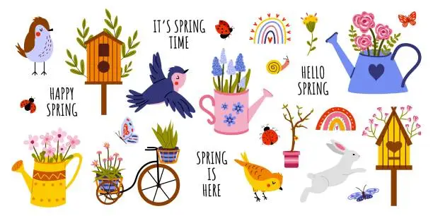 Vector illustration of Vector spring set. Hand drawn style. Banner, poster .