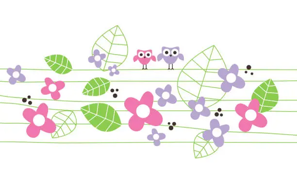 Vector illustration of Spring decorative floral drawing with owls.