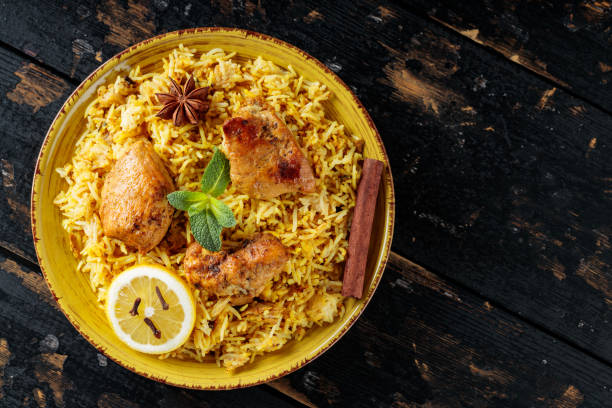 istock Chicken Biryani with Basmati Rice on Dark Wooden Boards, Copy Space, Top View 2089761348