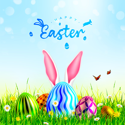 Easter card template with Easter bunny ears hidden behind Easter eggs on the grass with blue sky and lettering text. Easter cute realistic card for Easter hunt invitation, poster, flyer. Easter vector illustration with meadow, flowers, daisies, butterflies and sunlight bokeh background.