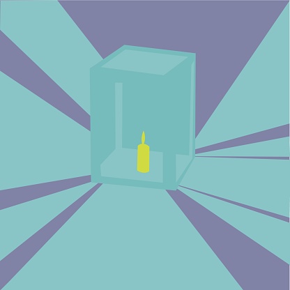 image on a candle lantern, in purple, light blue and yellow colors