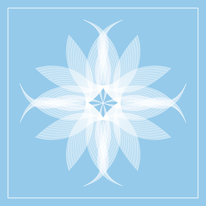 The image consists of an elegant, delicate, complex abstract translucent flower in white on light blue.