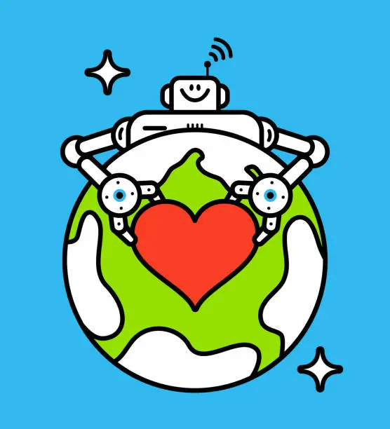 Vector illustration of An Artificial Intelligence Robot shows a Love Heart symbol to the planet Earth