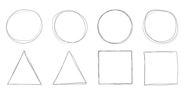 Vector illustration of Set of Geometric Hand Drawn Pen Shapes of Circle, Rectangle and Triangle