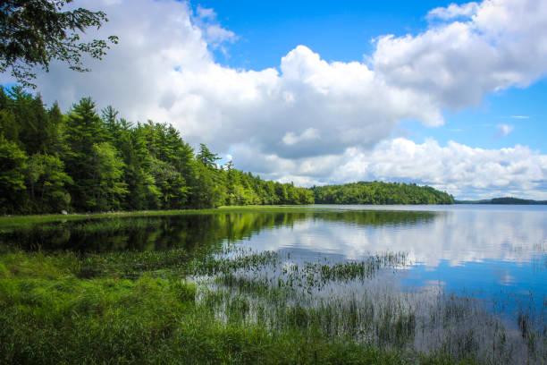 Reflection of cloudscape during a sunny day in August at Kejimkujik Lake, by Jeremys Bay Campground in Kejimkujik National Park and National Historic Sight, Nova Scotia