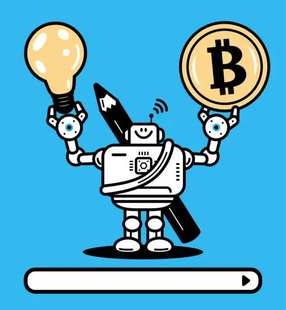 Vector illustration of An artificial intelligence robot carrying a large pencil and holding money and a big idea light bulb