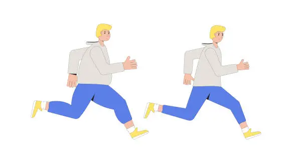 Vector illustration of Weight loss man. Before and after exercises. Young male character with different body mass. Vector