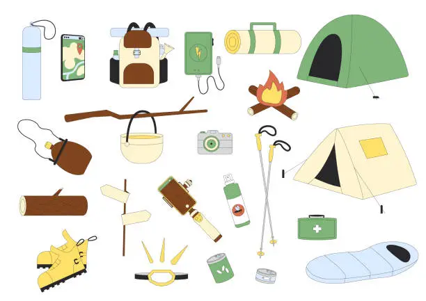 Vector illustration of Camping set isolated on white background. Hiking item elements. Travel and picnic tools. Cookout tourism in forest, mountain. Camp trip journey. Vector flat illustration