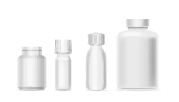 Vector illustration of Set Of 3d Vector Drug Bottles Mockup, Featuring Realistic Pharmaceutical Packaging Designs. Isolated White Blank Flasks