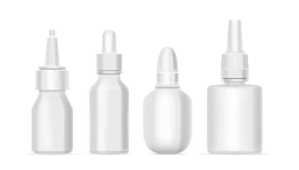 Vector illustration of White, Blank Drug Bottles Mockup with Precise Pipettes, Ensuring Accurate Dosage. 3d Vector Nasal Drops Design