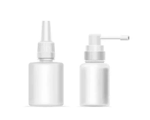 Vector illustration of Mockup Showcasing Drug Bottles Equipped With A Pipette And Sprayer, Designed For Precise Dosing And Application