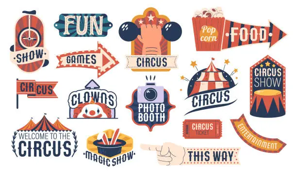 Vector illustration of Set Of Circus Labels Feature Vibrant, Eye-catching Retro Designs With Classic Circus Motifs Such As Tents, Clown, Rabbit