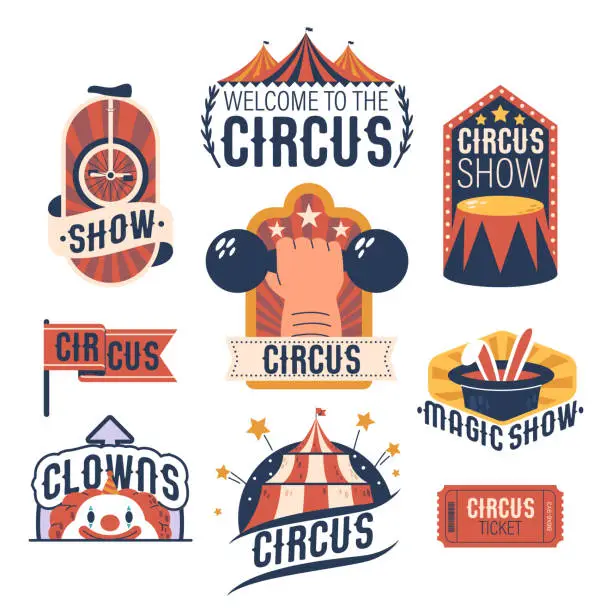 Vector illustration of Vibrant Collection Of Circus Labels Featuring Bold Typography, Whimsical Illustrations, And Bright Colors