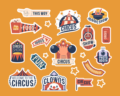 Circus Labels or Stickers Set Feature Vibrant, Eye-catching Retro Designs With Classic Motifs Such As Tents, Clowns, Rabbit in the Hat, Strongman Arm with Dumbbell, Unicycle, And Pop Corn Bucket