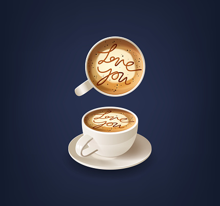 Coffee Cup Adorned With Inscription Love You on the Foam, Delightful Blend Of Coffee And Affection, Handcrafted To Sweeten Your Every Moment. Mug with a Froth, Realistic 3d Vector Top and Side View