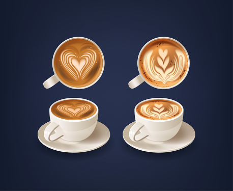 Coffee Cups With Foam Patterns Feature Artistically Created Designs of Heart and Leaves On The Surface Of A Latte Or Cappuccino, Made By Skillfully Pouring Steamed Milk Over Espresso, 3d Vector Mugs