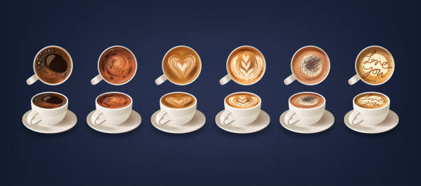 泡の模様が描かれたコーヒーカップは、エスプレッソに蒸しミルクを注ぎ、ハートを作るバリスタの芸術性を表現しています - barista coffee coffee crop heart shape点のイラスト素材／クリップアート素材／マンガ素材／アイコン素材