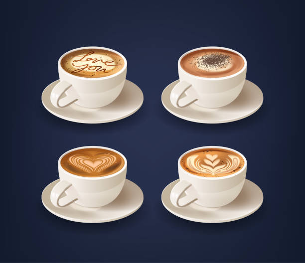 泡模様のコーヒーカップは、ミルクを巧みに注ぐことで作られた、飲み物の上に巧みに作られたデザインが特徴です - barista coffee coffee crop heart shape点のイラスト素材／クリップアート素材／マンガ素材／アイコン素材
