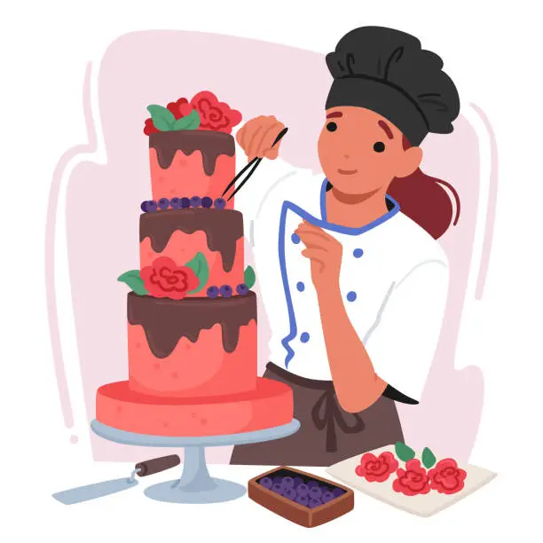 Vector illustration of Talented Confectioner Character Delicately Adorns A Cake With Exquisite Details, Showcasing Precision And Creativity