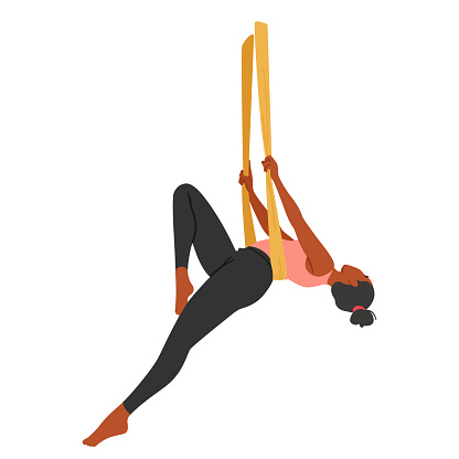 Gracious Woman Character Suspended In A Silk Hammock, Intertwining Strength And Flexibility In Mesmerizing Aerial Yoga Poses, Creating A Harmonious Dance With The Fabric. Cartoon Vector Illustration