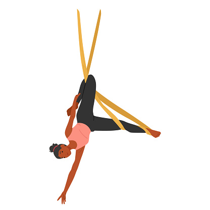 Nimble Woman Character Gracefully Balances In An Aerial Yoga Hammock, Her Body Curved In A Serene Suspended Inversion Pose, Engaged Tranquility and Balance. Cartoon People Vector Illustration