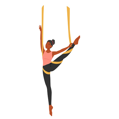 Graceful Woman Character Suspended In Aerial Yoga Hammock with Raised Leg, Flowing Through Poses With Poise And Strength Embodying Balance And Serenity Amidst The Suspended Fabric. Vector Illustration