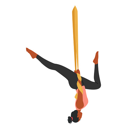 Balletic Serene Woman Character Gracefully Balances In A Silk Hammock Upside Down, Her Body Contorted Elegantly As She Practices Tranquil Aerial Yoga, Suspended in Air. Cartoon Vector Illustration