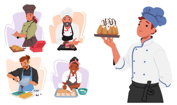 illustrations, cliparts, dessins animés et icônes de personnages de confiseurs, artisans qualifiés qui se spécialisent dans la fabrication de friandises sucrées telles que des bonbons, des chocolats, des pâtisseries - chef cuisinier