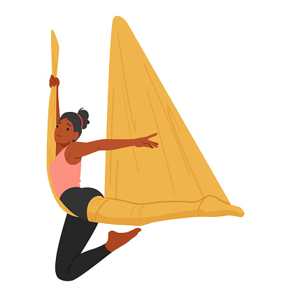 Poised Woman Character Gracefully Performs Aerial Yoga, Suspended In A Silk Hammock with Wrapped One Leg, Her Body Elegantly Contorted In A Challenging Pose, Exuding Tranquility And Strength, Vector