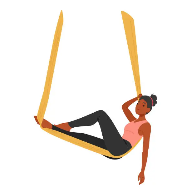 Vector illustration of Refined Woman Character Suspended In Aerial Hammock, Effortlessly Flowing Through Yoga Poses. Serene Strength