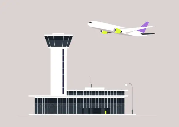 Vector illustration of Ascending Aircraft Over Modern Airport Tower, A jetliner takes flight near a control tower as evening falls