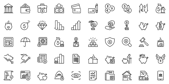 Line icons about finances as banking, money, investment, loan, payment method and stock exchange. Editable stroke and pixel perfect.