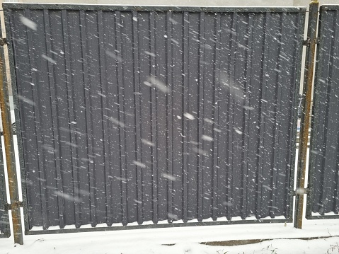Heavy snowfall against the background of a gray metal fence during a winter day
