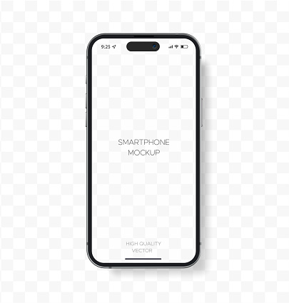 Frontal mobile phone mockup template with transparent screen design. 3d iphone vector mock up. Carefully grouped and named each layer