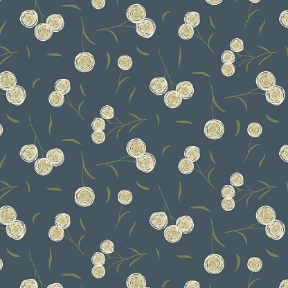 Repeat floral pattern of fluffy doodle flowers on dark blue background. Romantic retro dandelion design print for textiles and decoration.