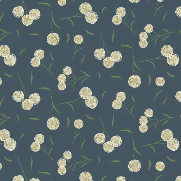 Vector illustration of Seamless ditsy pattern of cute wispy wildflowers on navy blue