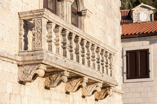 Specific architecture of balcony on homes in jewish quarter in Toledo
