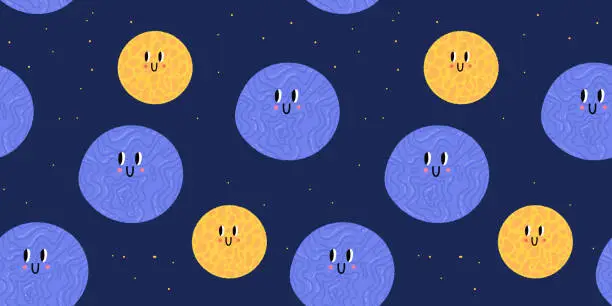 Vector illustration of Cartoon seamless texture. Dark night blue background. Doodle good ellements with fun faces. Kids childish pattern.