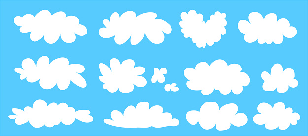 Simple white clouds set. Cute and kawaii elements collection on blue bg. Vector naive art illustration