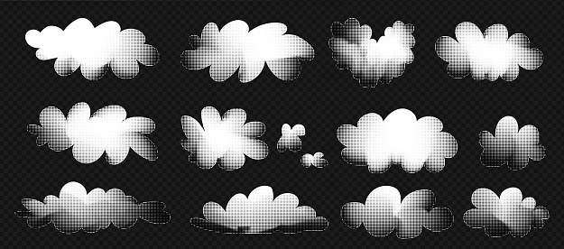Simple white clouds with halftone texture set. Cute and kawaii elements collection on transparent bg like a png. Vector naive art illustration
