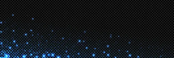 Vector illustration of Blue light sparkle effect with magic firefly. Vector illustration with dust of flare and stars. Overlay effect background. Transparent glow