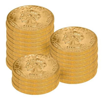 Three staggered stacks of  Greek gold coins